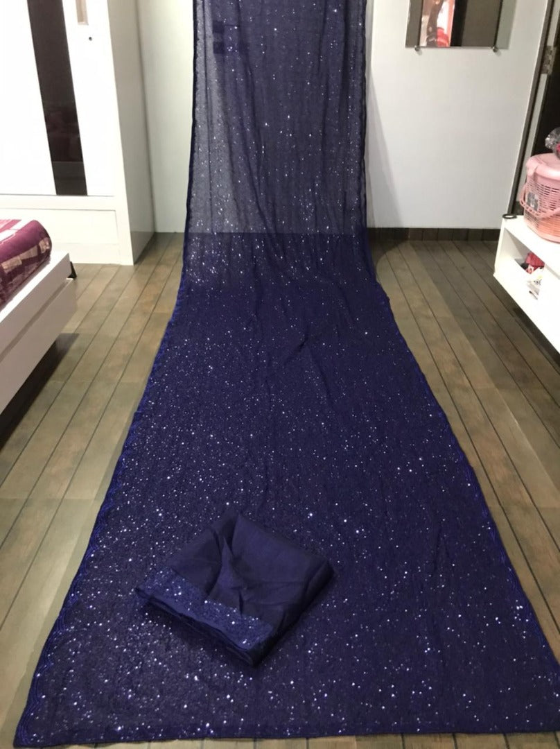 Navy blue georgette heavy sequence work partywear saree