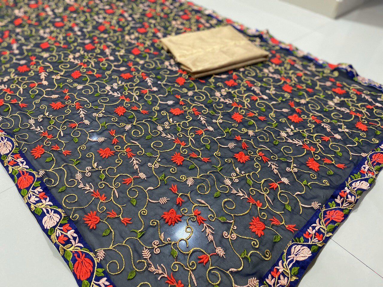 Navy blue georgette heavy thread embroidered pallu saree