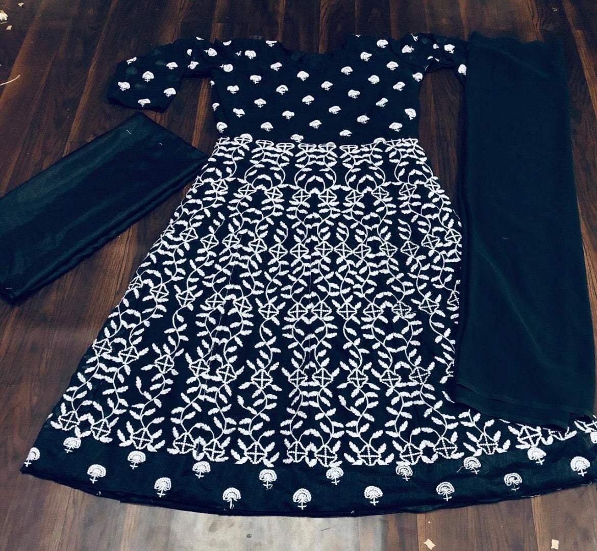 navy blue georgette heavy threadwork bollywood anarkali suit