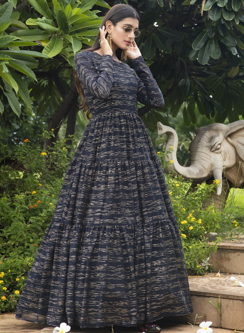 Navy blue georgette printed party wear anarkali gown