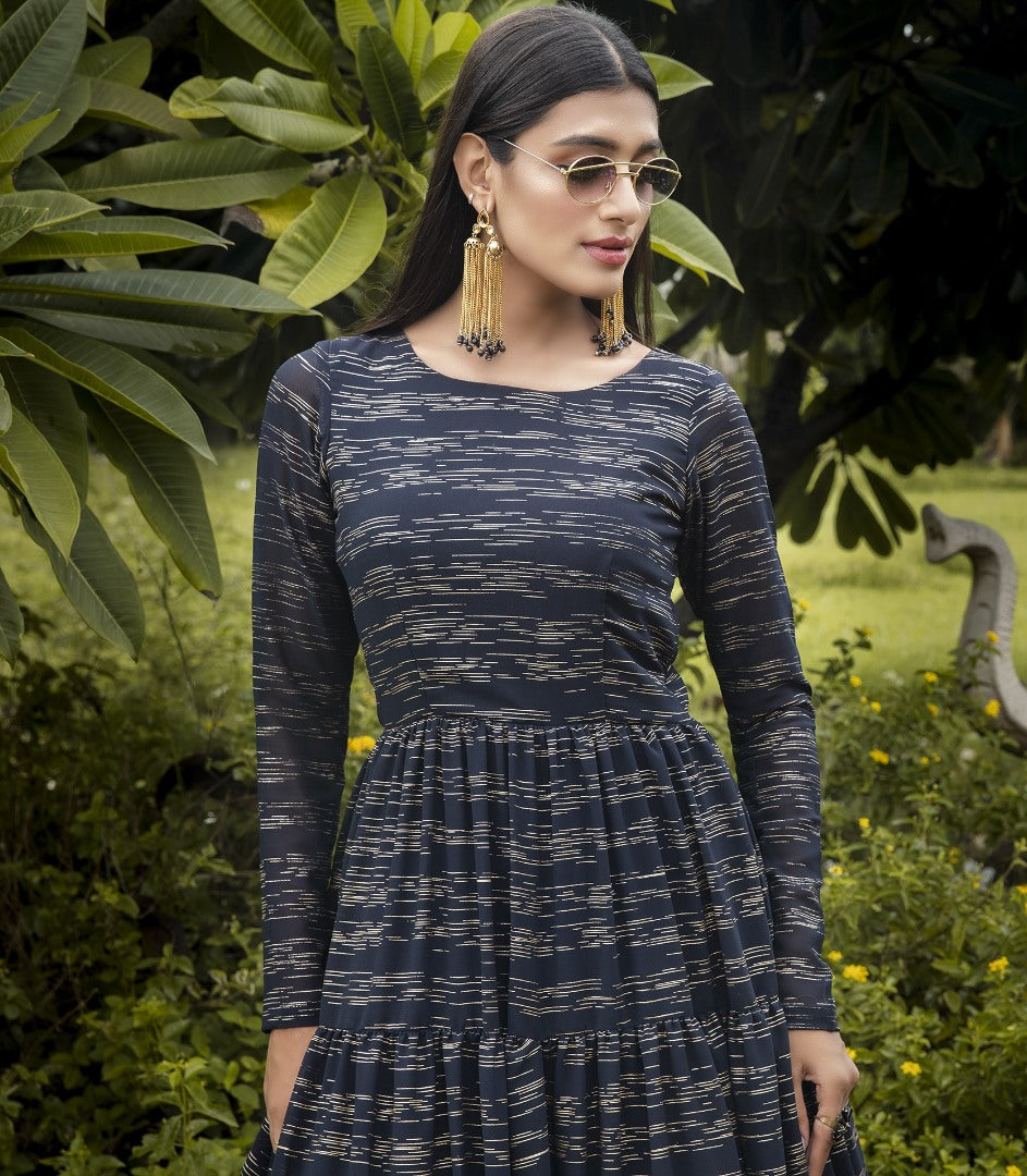 Navy blue georgette printed party wear anarkali gown