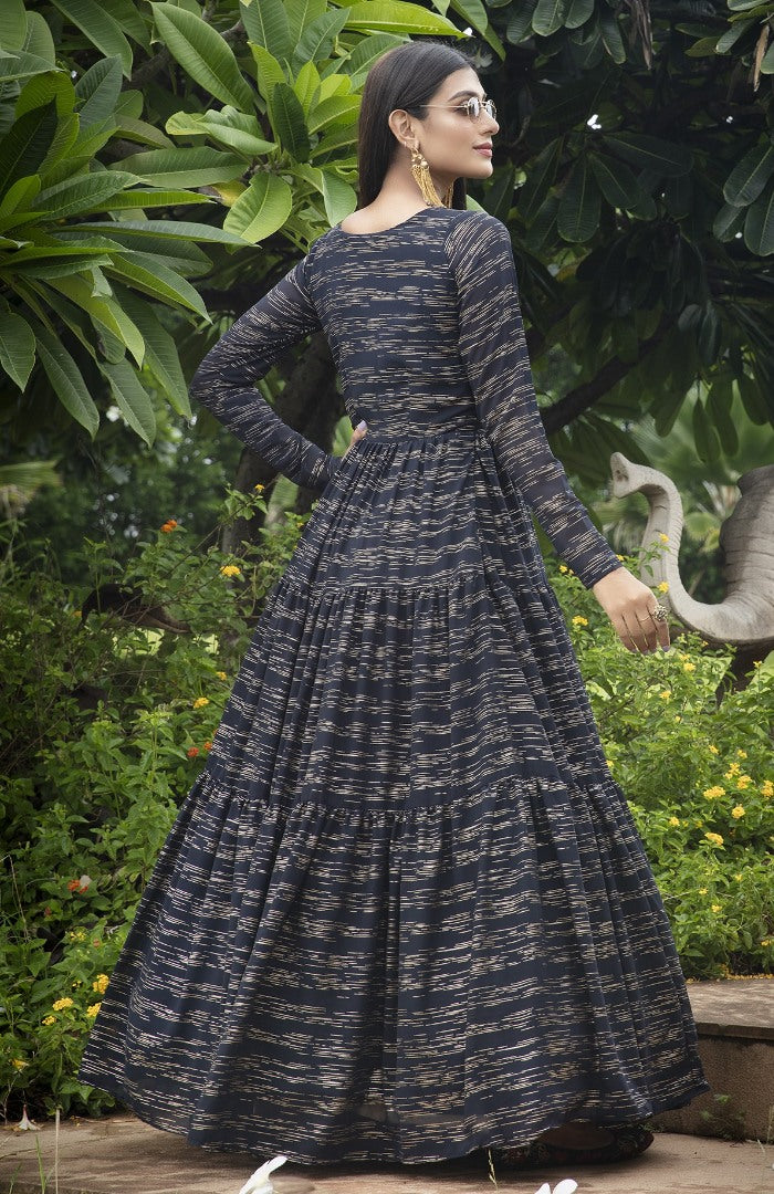 Navy blue georgette printed party wear anarkali gown