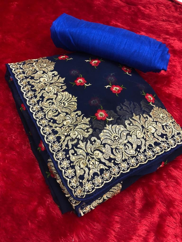 navy blue georgette printed partywear saree with embroidered lace