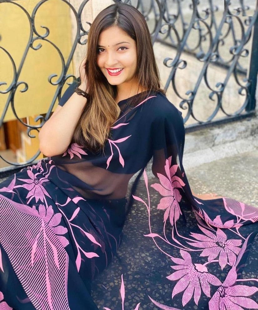 Navy blue georgette with digital printed work saree