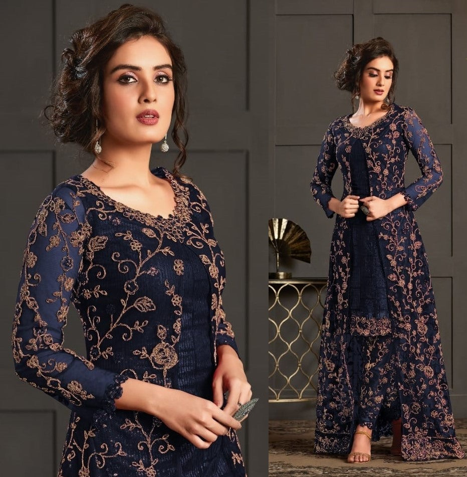 Navy blue heavy butterfly net with embroidered work salwar suit with koti