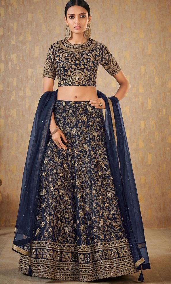 Navy blue heavy embroidered designer bridal lehenga choli