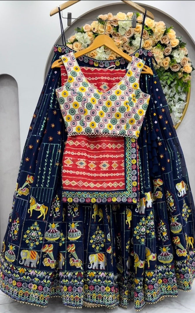 Navy blue heavy thread sequence work designer wedding lehenga choli