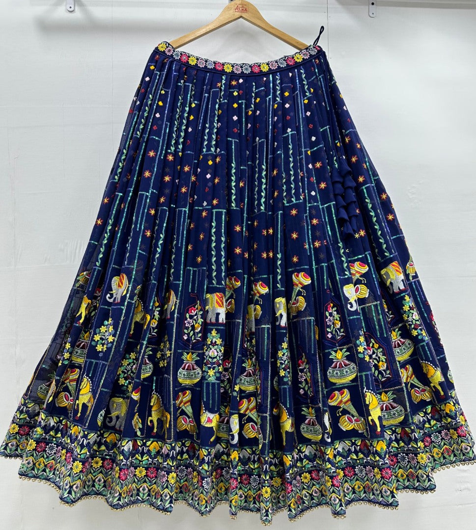 Navy blue heavy thread sequence work designer wedding lehenga choli