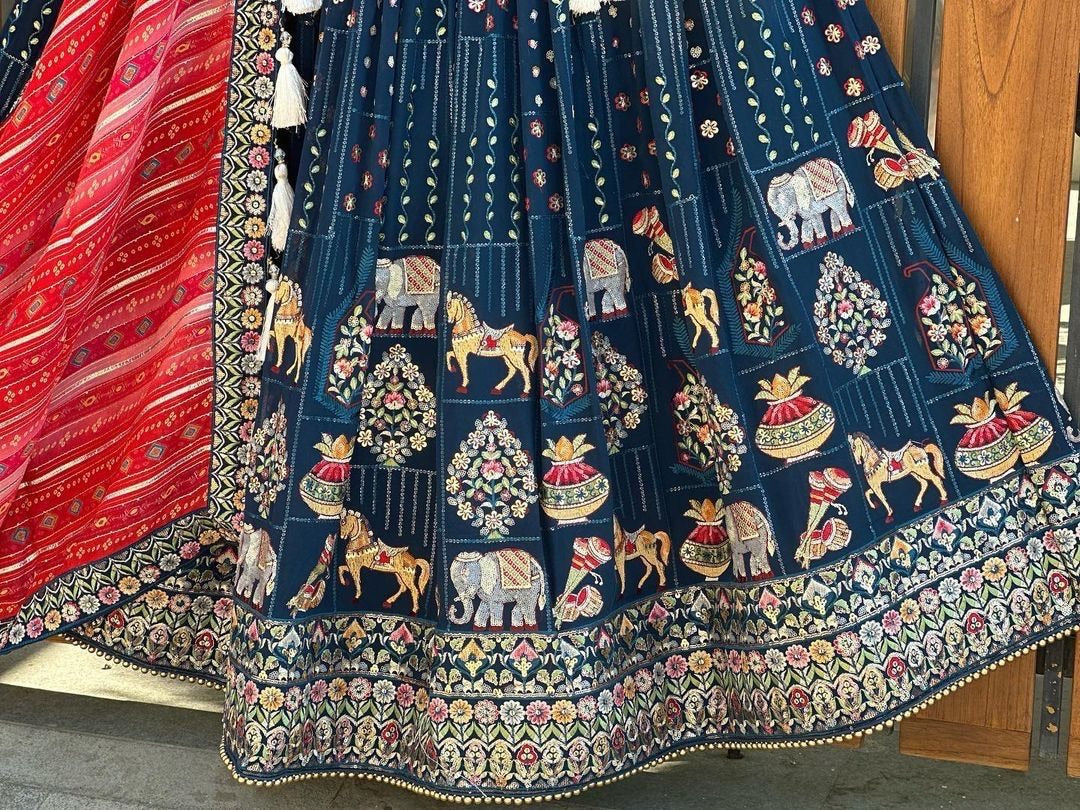 Navy blue heavy thread sequence work designer wedding lehenga choli