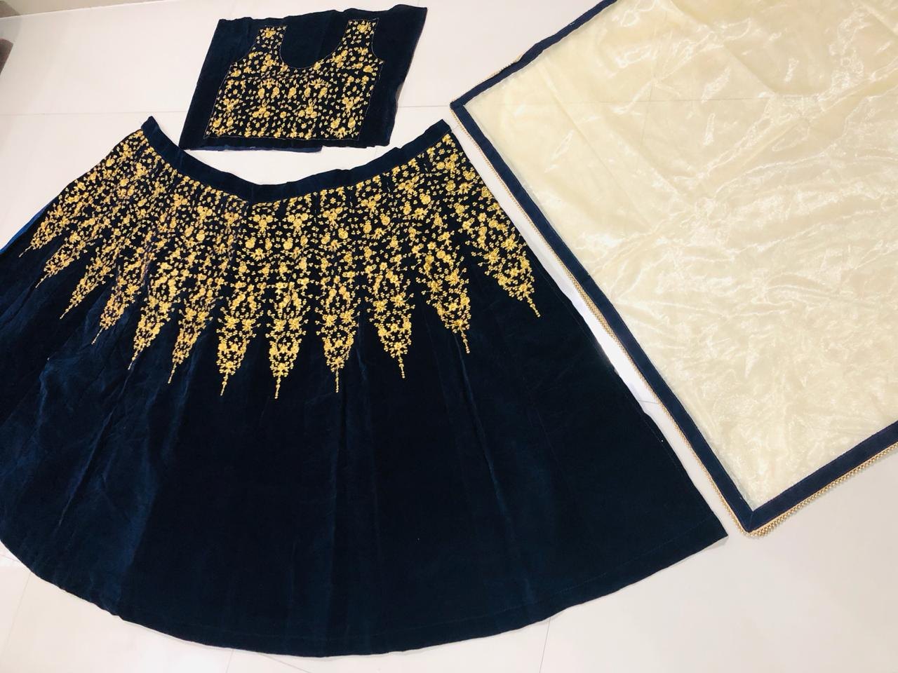Navy blue heavy velvet designer embroidered ceremonial lehenga choli