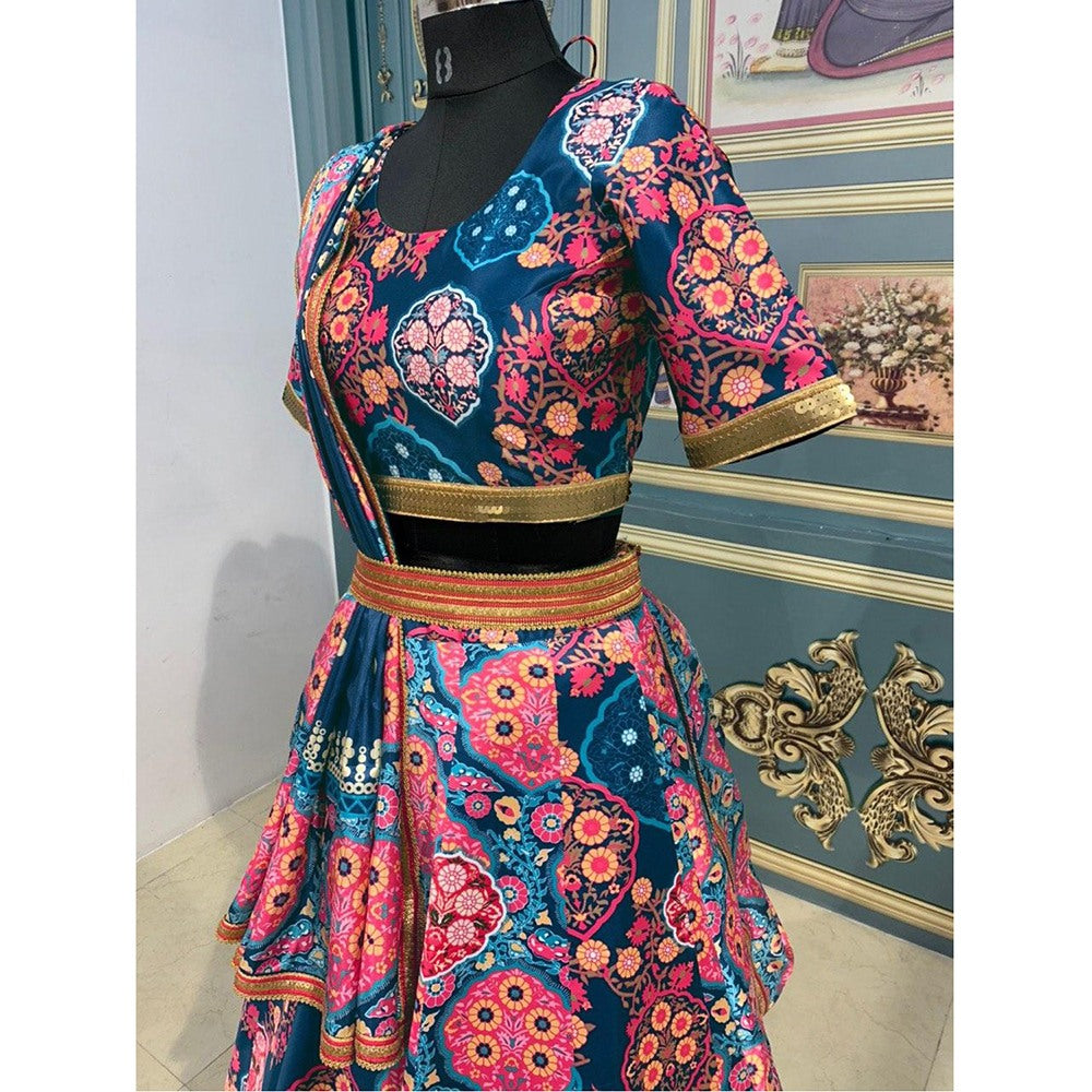 Navy Blue italian satin digital printed wedding lehenga choli