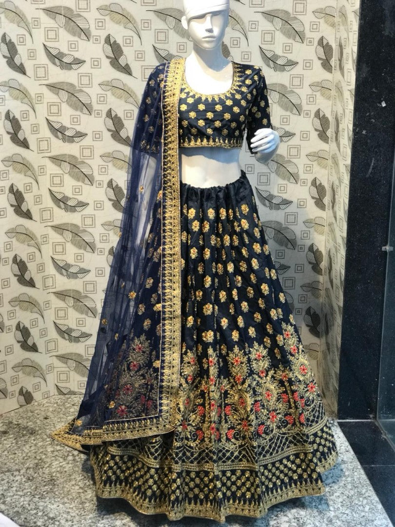 navy blue jalbari silk heavy embroidered wedding lehenga