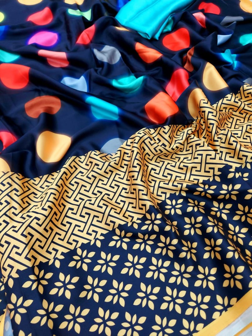 Navy blue japan satin silk digital printed work saree