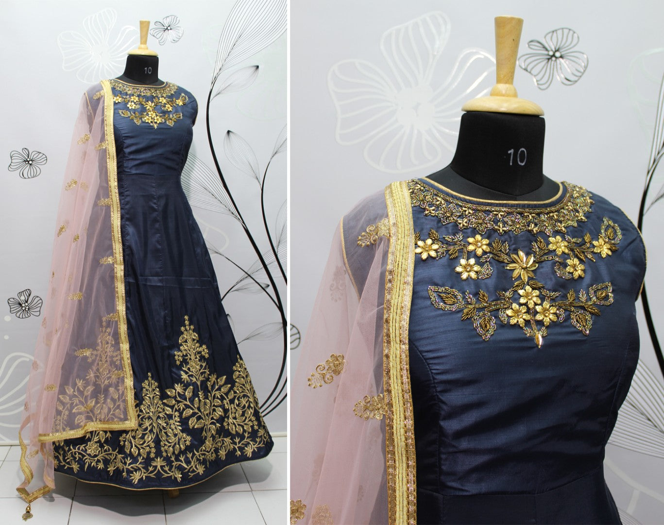navy blue kumkum silk handworked neck wedding wear gown