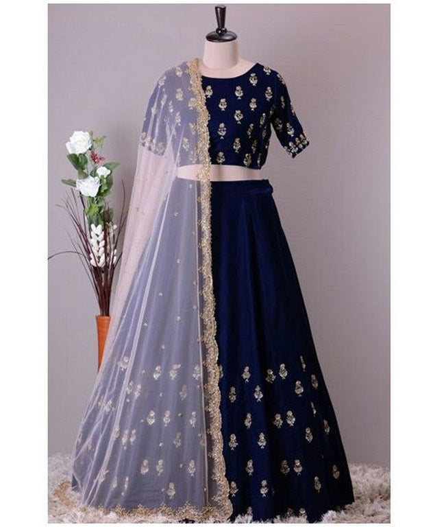 Navy blue mulberry silk embroidered ceremonial lehenga