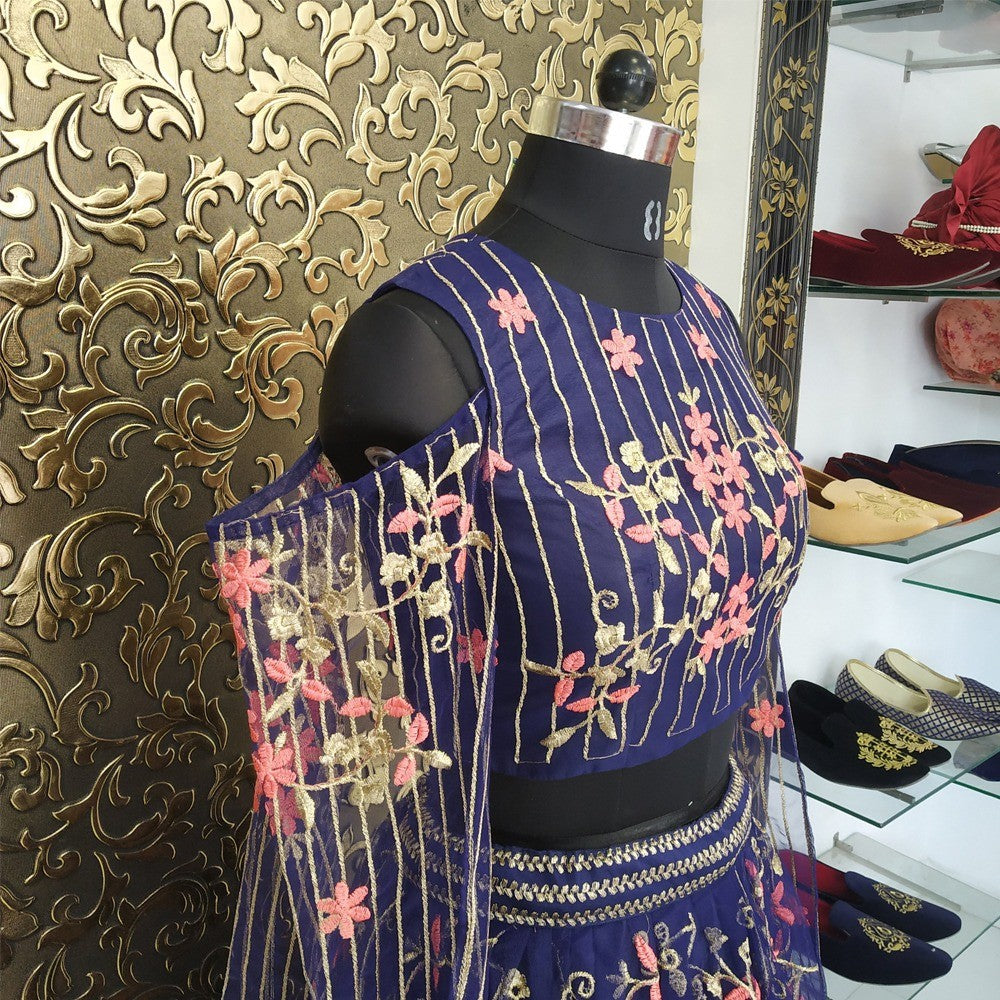 navy blue net embroidered ceremonial lehenga