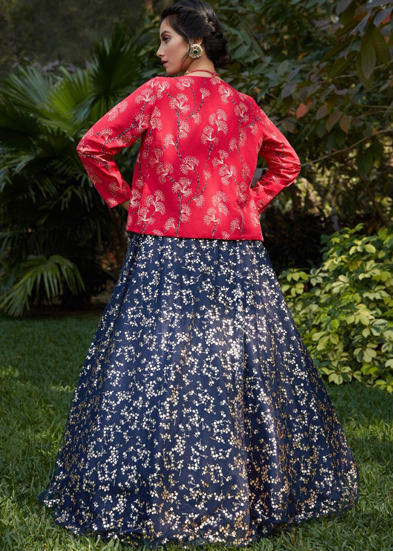 Navy blue net metallic foil printed party wear lehenga choli
