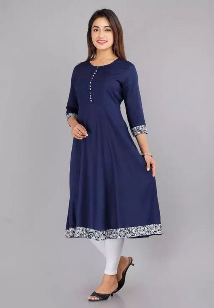 Navy blue rayon printed anarkali kurti