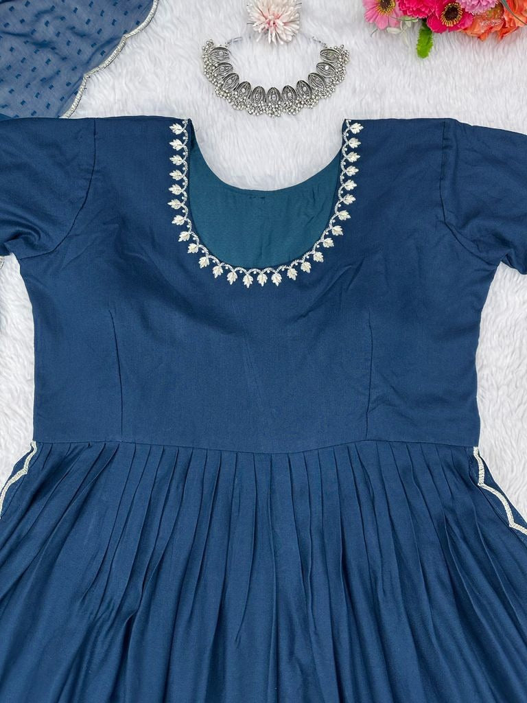 Navy blue rayon thread work nayra cut suit