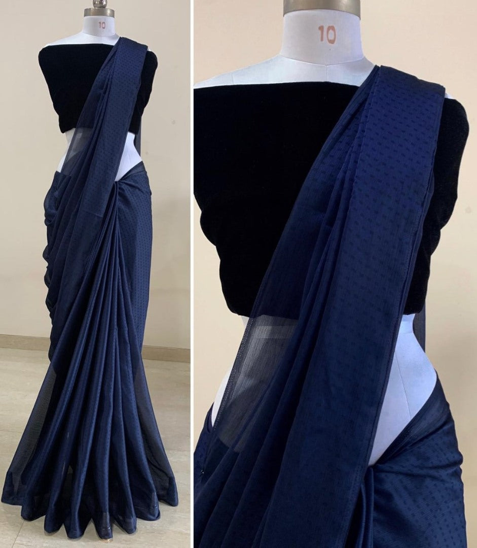 Navy blue satin georgette party wear saree