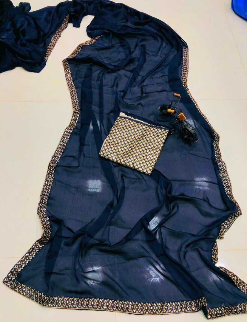 Navy blue satin georgette sequence work lace border saree