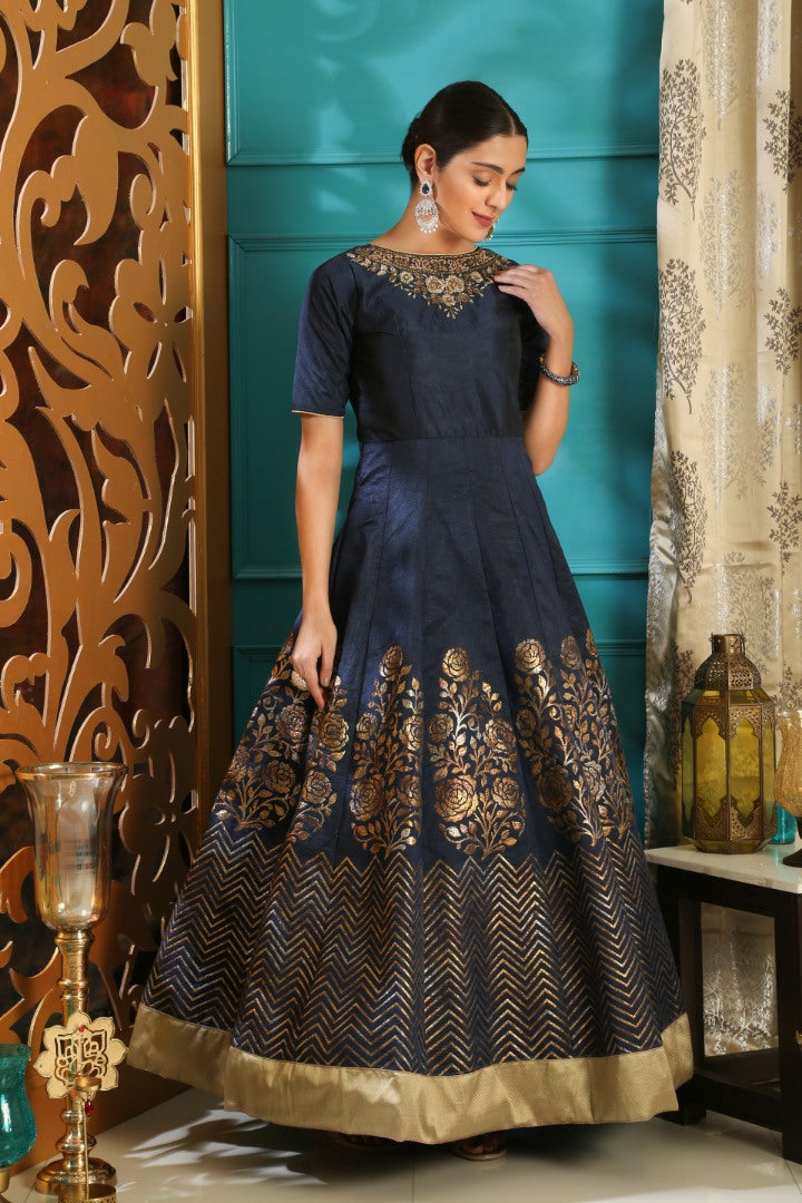 Navy blue silk foil and resham worked designer gown with dupatta