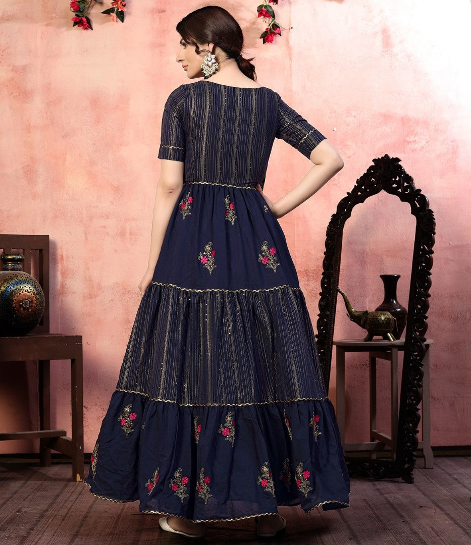 Navy blue silk sequence thread embroidered party wear gown