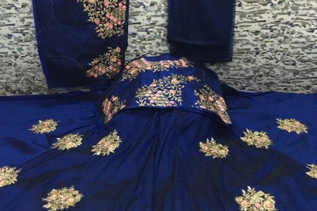 Navy blue sky silk embroidered partywear lehenga
