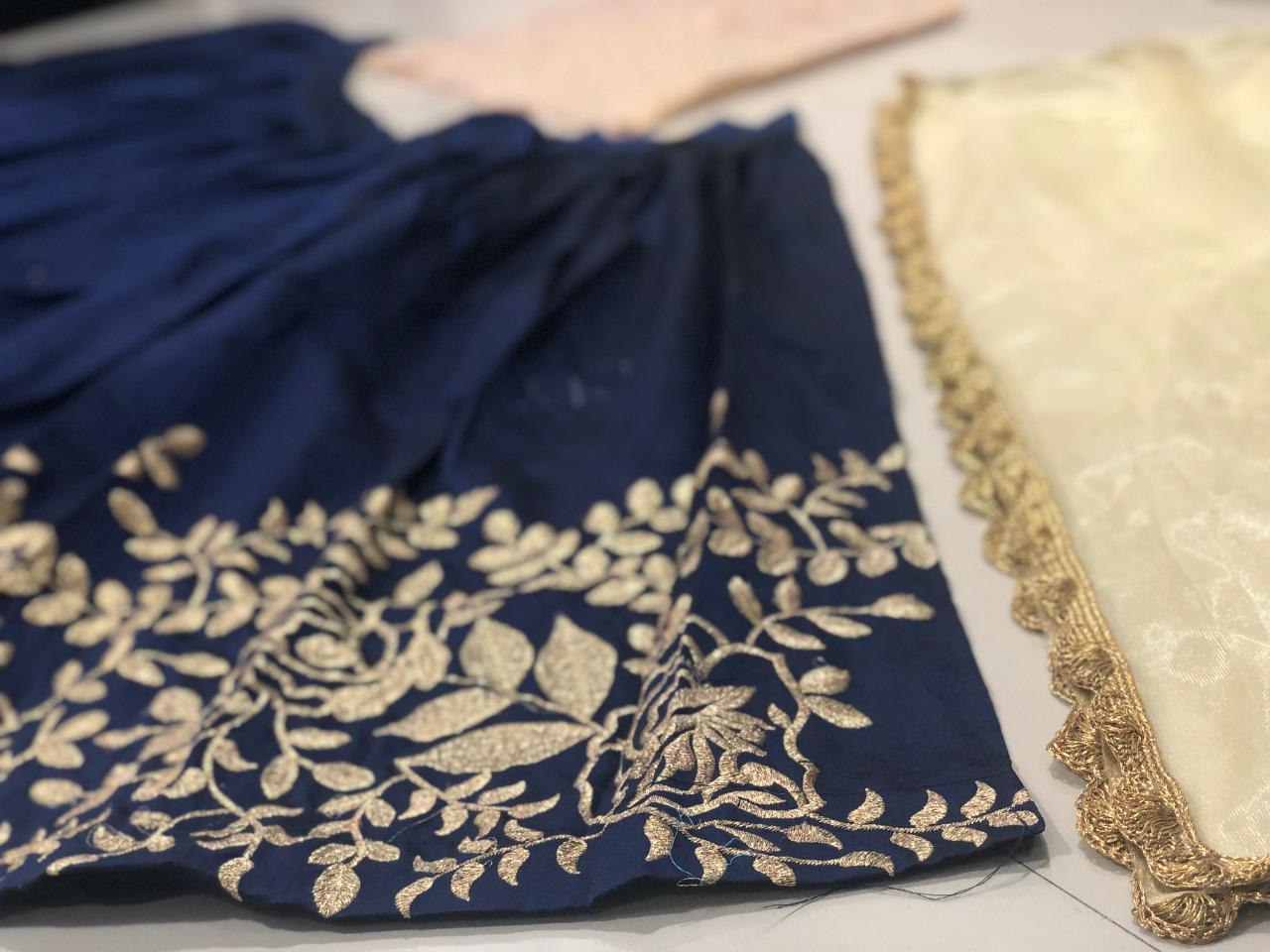 Navy blue tafeta silk embroidered ceremonial lehenga choli