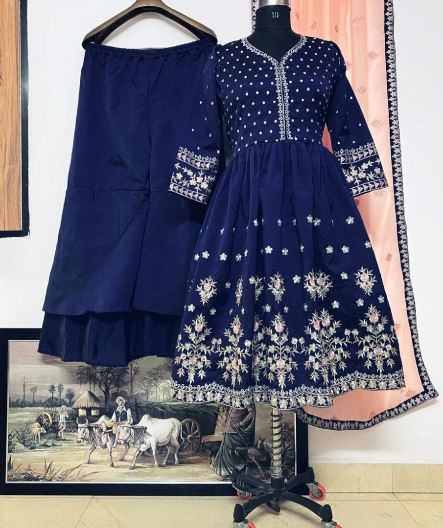 Navy blue taffeta silk embroidered work plazzo suit