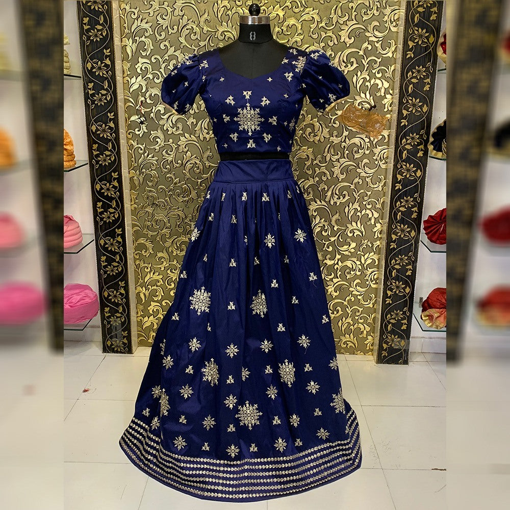 navy blue tapeta silk crop top lehenga with cancan net