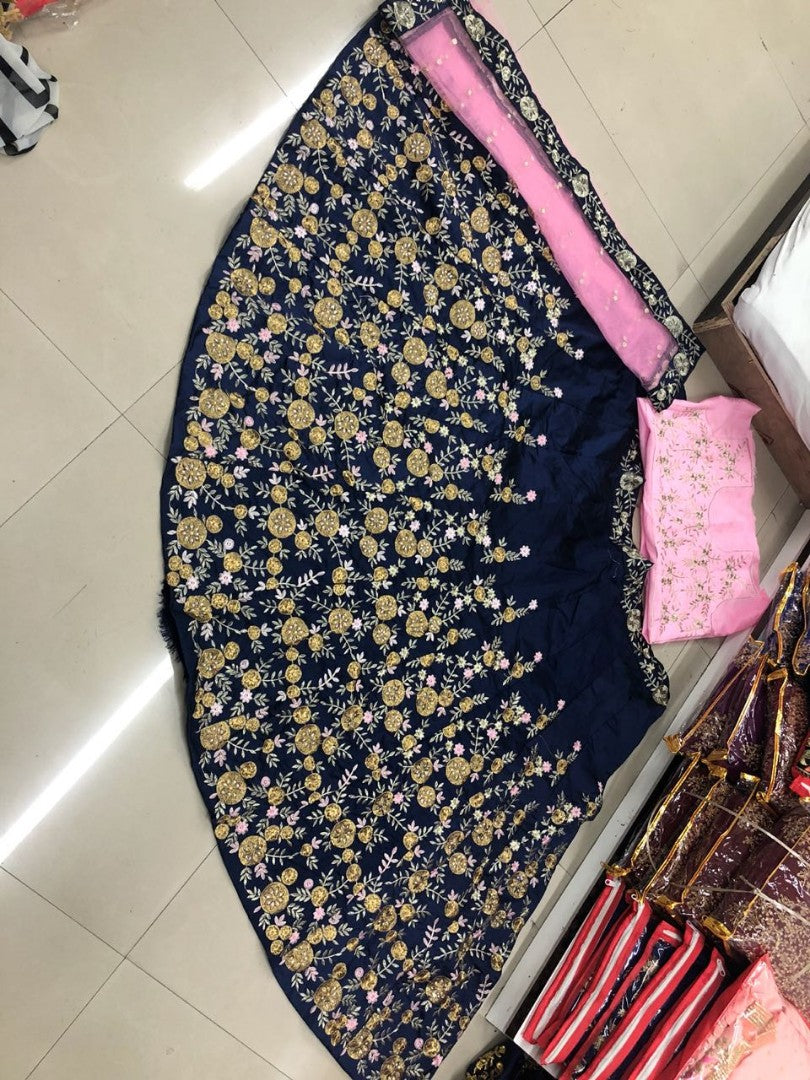 navy blue tapeta silk heavy embroidered wedding lehenga