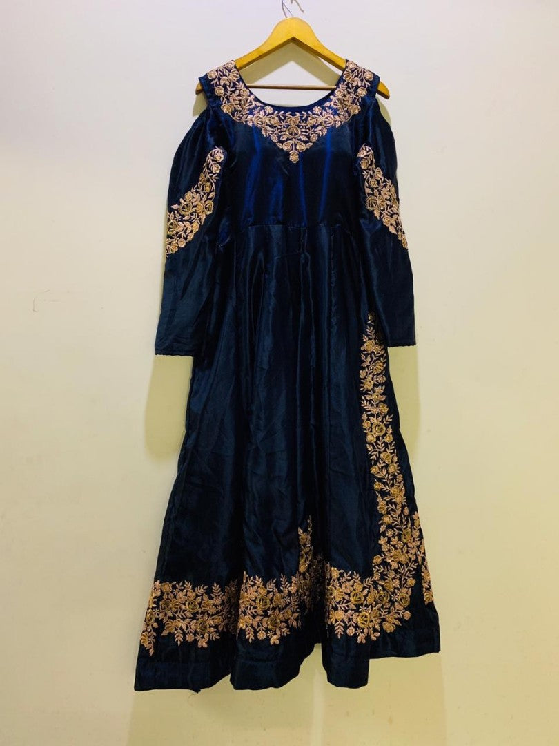 navy blue two tone tapeta silk embroidered gown