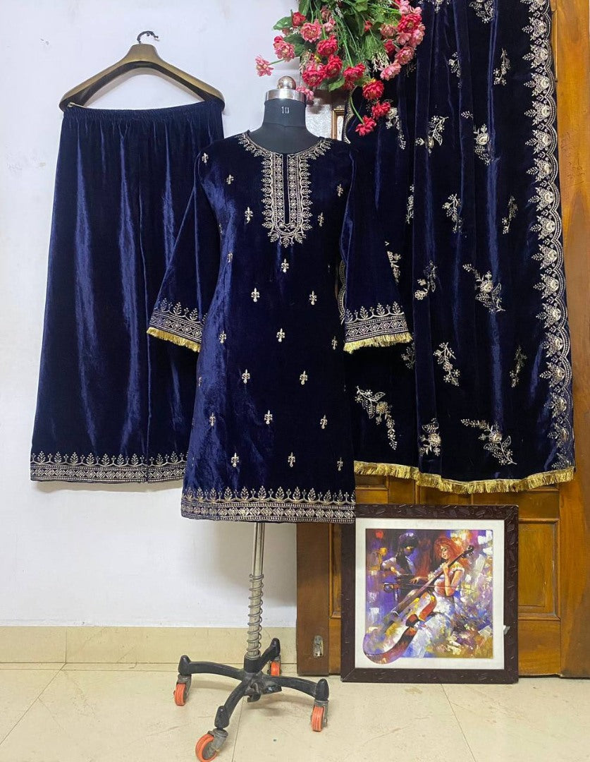Navy blue velvet embroidery work plazzo suit