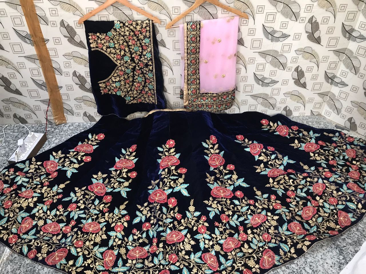 Navy blue velvet heavy embroidered bridal lehenga