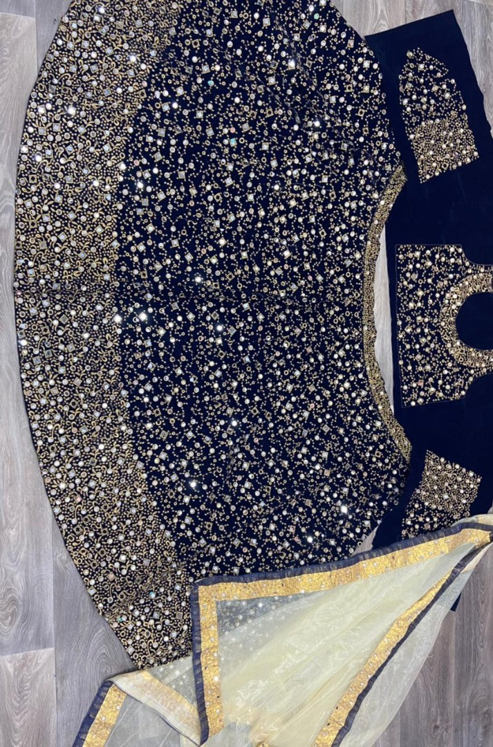 Navy blue velvet heavy embroidered mirror work wedding lehenga choli