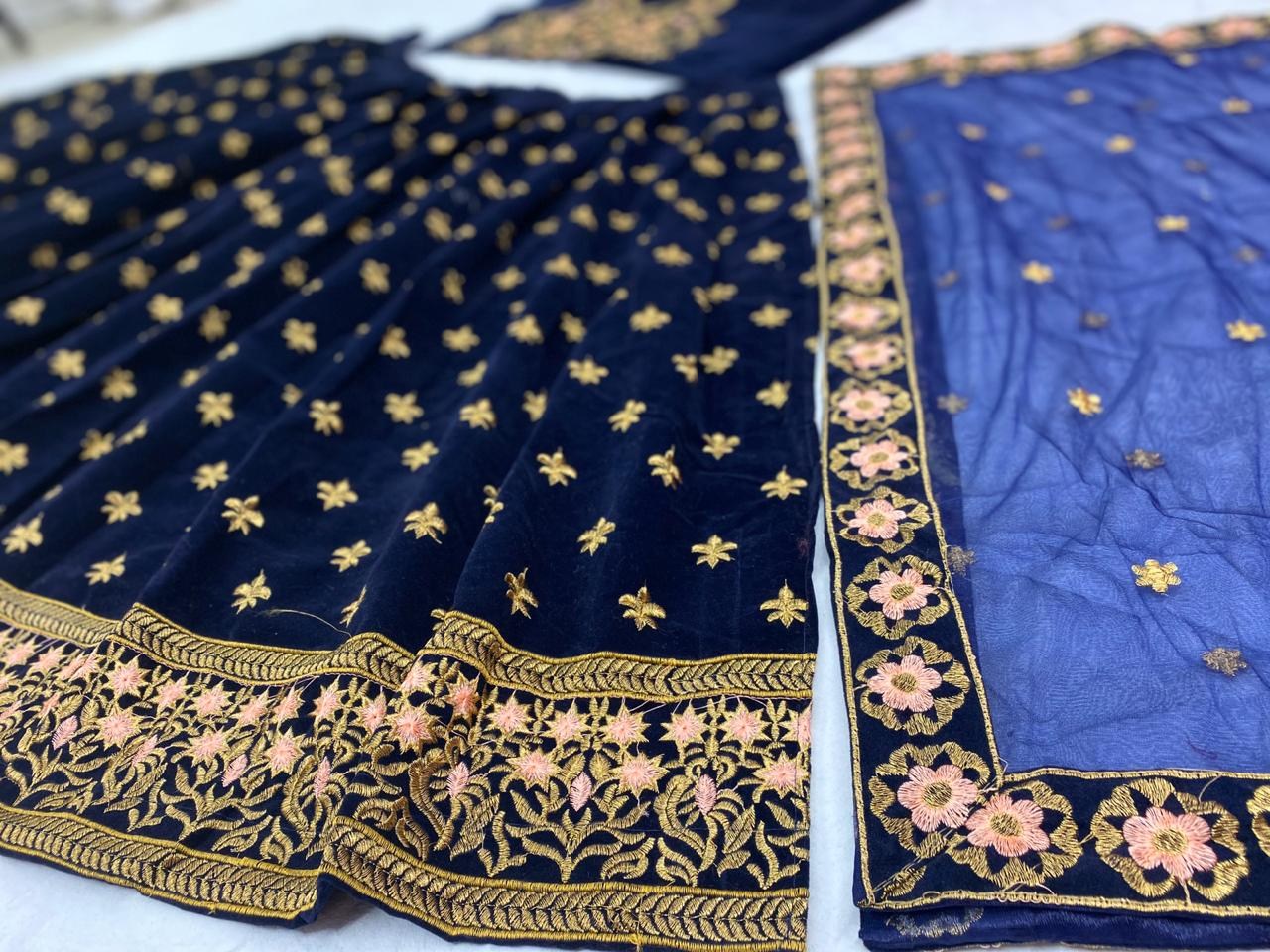 Navy blue velvet heavy embroidered wedding lehenga choli