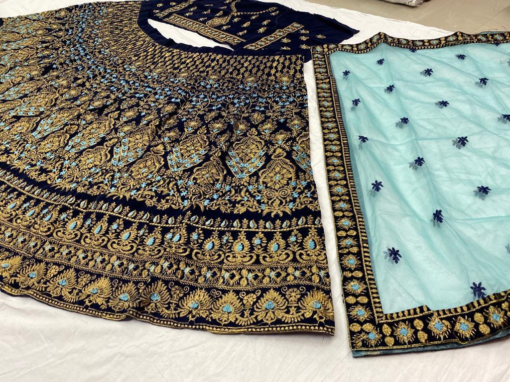Navy blue velvet heavy embroidery work wedding lehenga