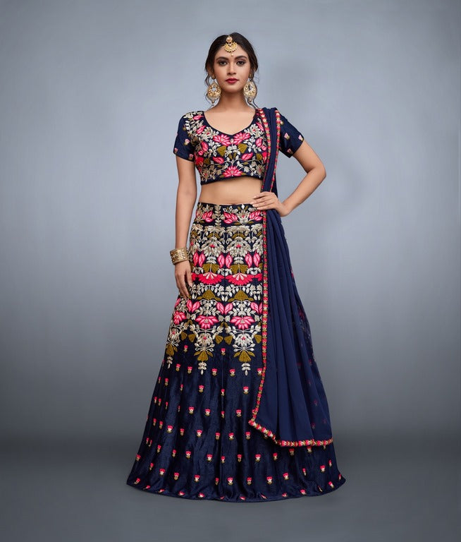 Navy blue velvet silk multicolor thread work ceremonial lehenga