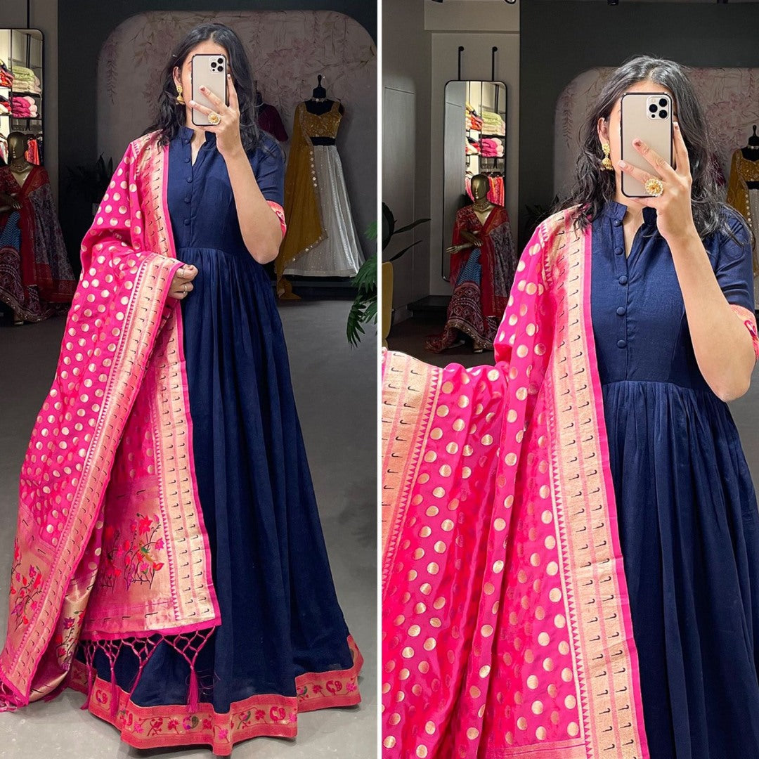 Navy blue vichitra silk jacquard weaving work gown with paithni dupatta