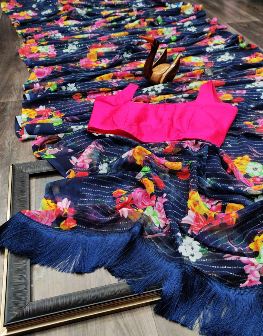 Navy blule heavy georgette sequence flower printed work saree