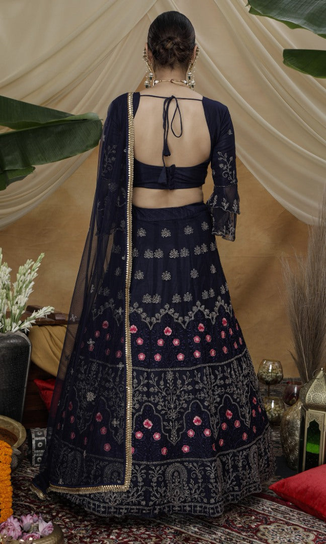 Navy net heavy sequence embroidered wedding lehenga choli