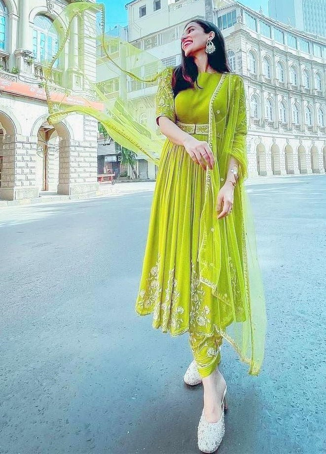 Neon georgette embroidered anarkali suit