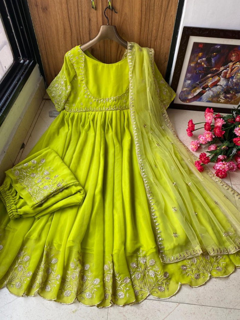 Neon georgette embroidered anarkali suit