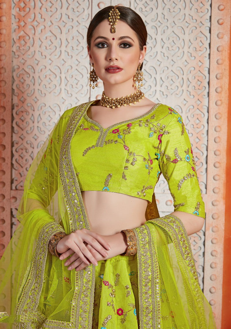 Neon green art silk sequence thread work ceremonial lehenga choli