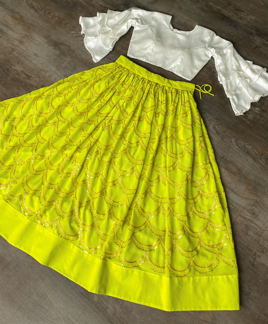 Neon green embroidery work crop top lehenga