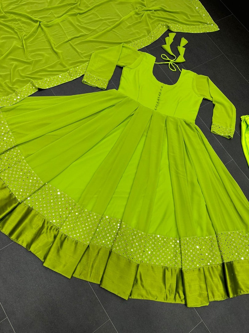 Neon green georgette thread embroidered party wear anarkali suit