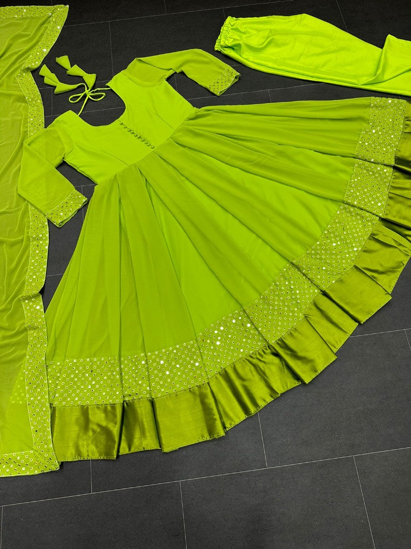 Neon green georgette thread embroidered party wear anarkali suit