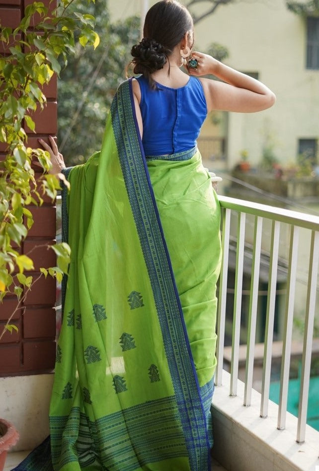 Neon green original chanderi linen digital printed work saree