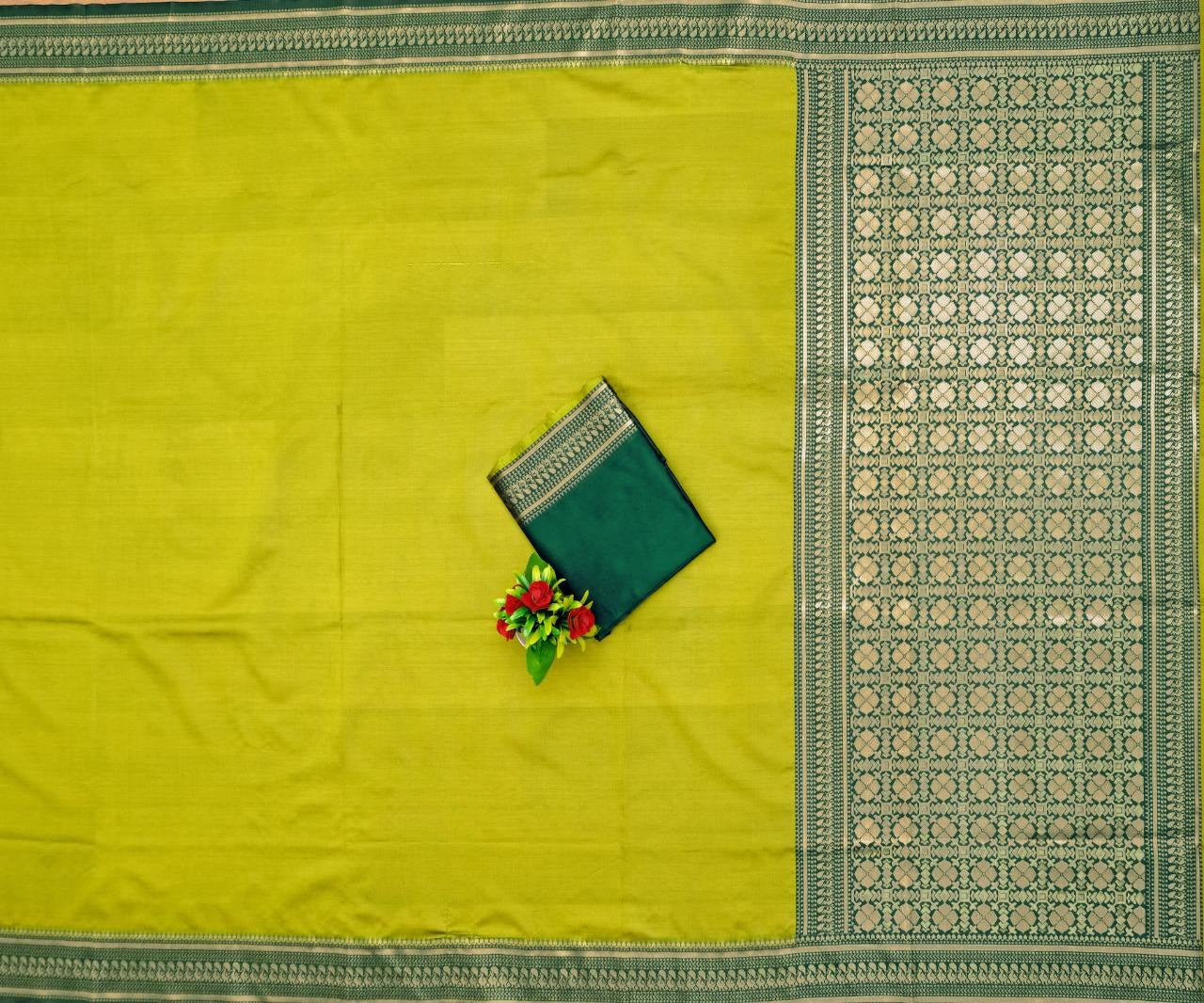 Neon green soft lichi silk jacquard weaving work wedding saree